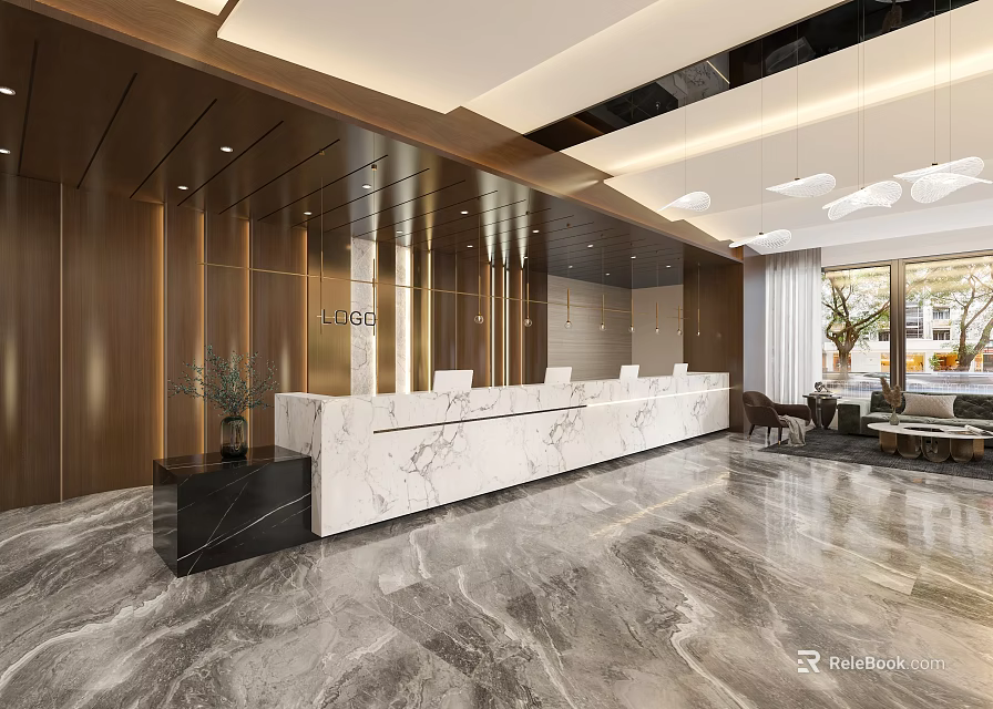 Hotel Lobby Interior With Wooden Walls Marble Reception Desk Pendant Lights And Sofa Seating Area 3d model 