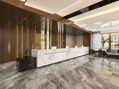 Hotel Lobby Interior With Wooden Walls Marble Reception Desk Pendant Lights And Sofa Seating Area 3d model