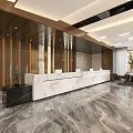 Hotel Lobby Interior With Wooden Walls Marble Reception Desk Pendant Lights And Sofa Seating Area
