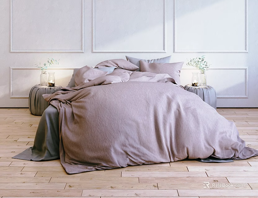 Double Bed With Soft Lavender Bedding White Paneled Walls And Side Tables With Flower Vases 3d model 