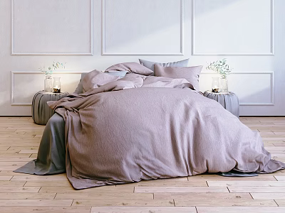 Double Bed With Soft Lavender Bedding White Paneled Walls And Side Tables With Flower Vases 3d model