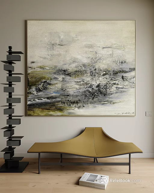 Abstract Painting With Gray White Green Tones For Modern Interior Wall Art Decor 3d model 