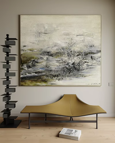 Abstract Painting With Gray White Green Tones For Modern Interior Wall Art Decor 3d model