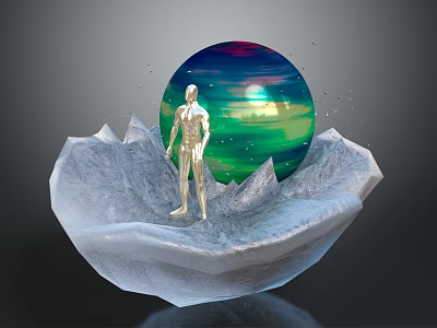 Silver Human Figure Standing On Ice Like Sculpture Base With Glowing Colorful Sphere 3d model