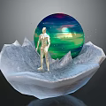 Silver Human Figure Standing On Ice Like Sculpture Base With Glowing Colorful Sphere