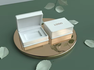 Jewelry Ornament Display Set With Open Closed White Boxes On Golden Tray Green Leaves 3d model