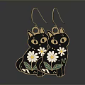 Delicate Black Cat Shaped Earrings With Daisy Flowers And Gold Hooks
