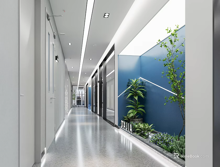 Modern Office Corridor with White Walls Blue Accent Wall Green Plants and Ceiling Lighting 3d model 