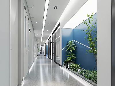 Modern Office Corridor with White Walls Blue Accent Wall Green Plants and Ceiling Lighting 3d model