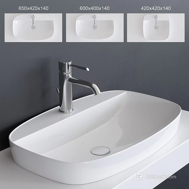 Modern White Oval Washbasin with Chrome Faucet on Countertop and Dark Wall 3d model 