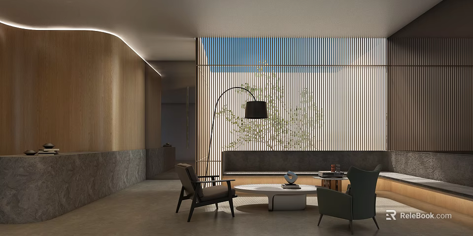 Modern Hotel Lobby Interior Design With Wooden Walls Sofa Seating And Floor Lamp Plants 3d model 