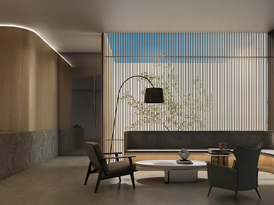 Modern Hotel Lobby Interior Design With Wooden Walls Sofa Seating And Floor Lamp Plants 3d model