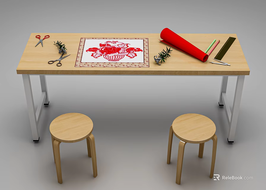 Wooden Craft Table With Matching Stools Red Scroll Scissors Green Pens And Pine Branches 3d model