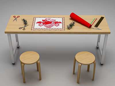 Wooden Craft Table With Matching Stools Red Scroll Scissors Green Pens And Pine Branches 3d model