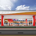 Modern Urban Energy Gas Station Exterior Design With Red Canopy Fuel Pumps And Road