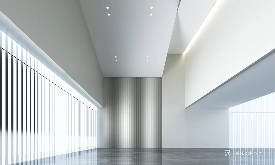 Modern Hotel Lobby Interior With Striped Accent Wall Ceiling Spotlights Large Windows Gray Flooring 3d model 