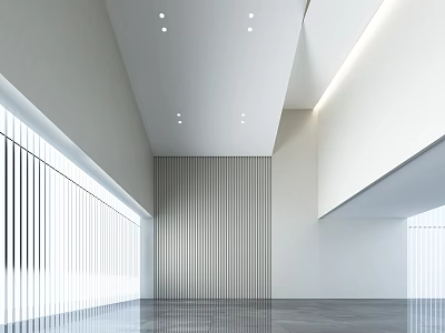 Modern Hotel Lobby Interior With Striped Accent Wall Ceiling Spotlights Large Windows Gray Flooring 3d model