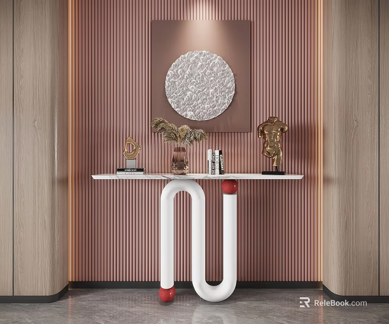 Modern Entryway Console Table with Circular Decorative Painting Vase Books White U-Shaped Legs and Striped Wall 3d model 