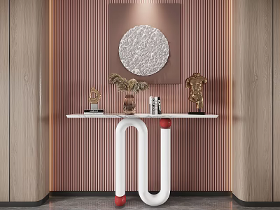 Modern Entryway Console Table with Circular Decorative Painting Vase Books White U-Shaped Legs and Striped Wall 3d model