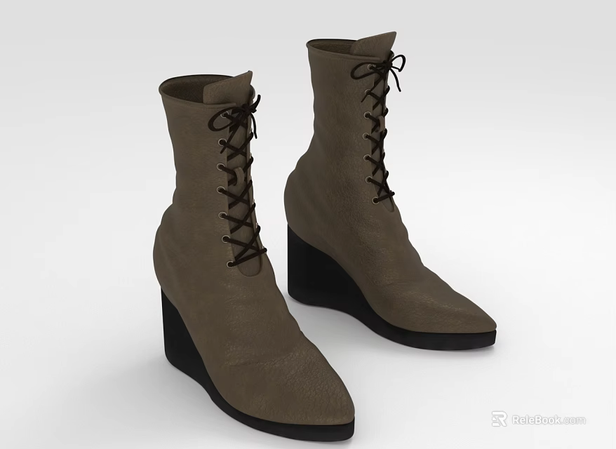 Stylish Brown Leather Ankle Boots With Lace Up Design And Wedge Heel 3d model 