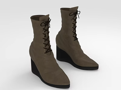 Stylish Brown Leather Ankle Boots With Lace Up Design And Wedge Heel 3d model