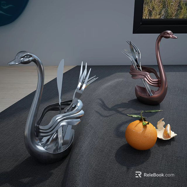 Stylish Swan Shaped Kitchen Utensil Holders With Knives Forks And Fresh Orange On Modern Countertop 3d model 