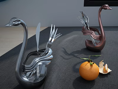 Stylish Swan Shaped Kitchen Utensil Holders With Knives Forks And Fresh Orange On Modern Countertop 3d model