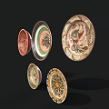 Colorful Ceramic Plates With Various Decorative Floral And Bird Patterns 3d model