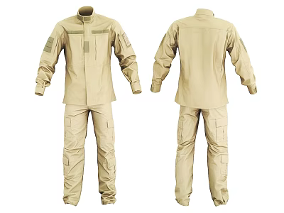 Khaki Workwear Suit Long Sleeve Shirt Cargo Pants with Multiple Pockets Front Back Views 3d model