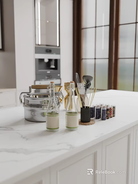Elegant Modern Open Kitchen Interior With Marble Island Counter And Appliances 3d model 
