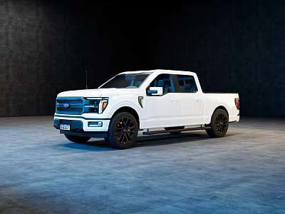White Modern Pickup Truck With Crew Cab And Black Wheels In Indoor Setting 3d model