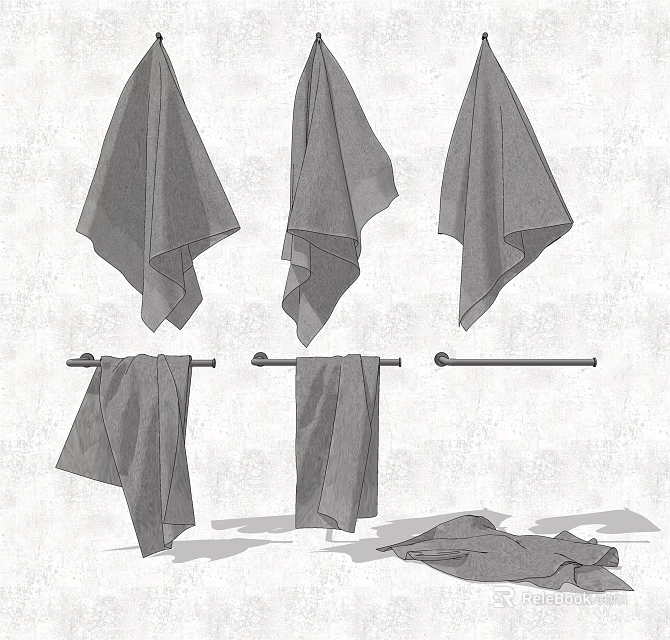 Multiple Soft Towels Hanging On Metal Bars And Folded On Surface 3d model 