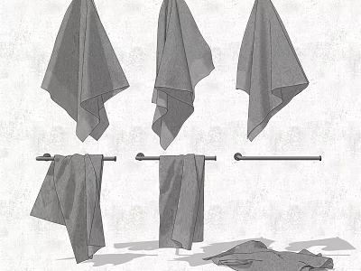 Multiple Soft Towels Hanging On Metal Bars And Folded On Surface 3d model