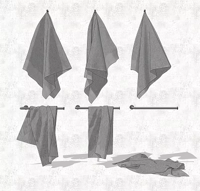 Multiple Soft Towels Hanging On Metal Bars And Folded On Surface 3d model