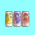 Refreshing Canned Drinks With Pineapple Grape Peach Flavors On Light Blue Background