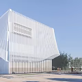 Modern Sales Office Building With Vertical Striped Facade And Green Courtyard