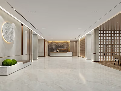 Modern Hotel Lobby With Marble Floor Circular Decorative Painting And Reception Desk 3d model