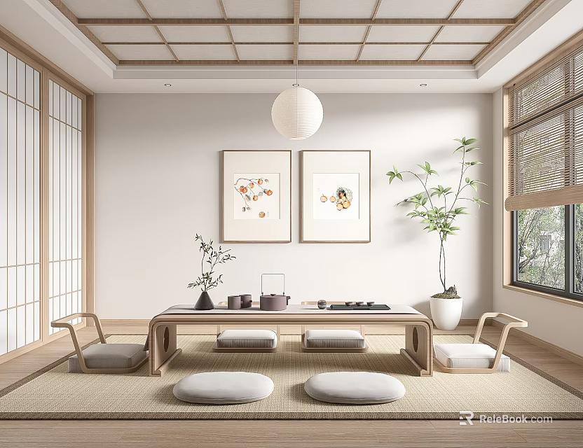 Japanese Style Tea Room Interior With Tatami Mats Low Table And Shoji Screens 3d model 