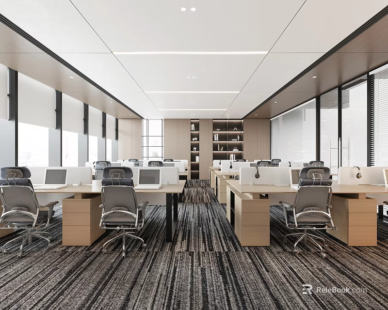 Modern Public Office Space With Desks Computers Large Windows And Bookshelves 3d model 