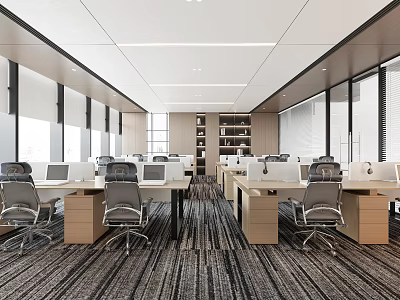 Modern Public Office Space With Desks Computers Large Windows And Bookshelves 3d model