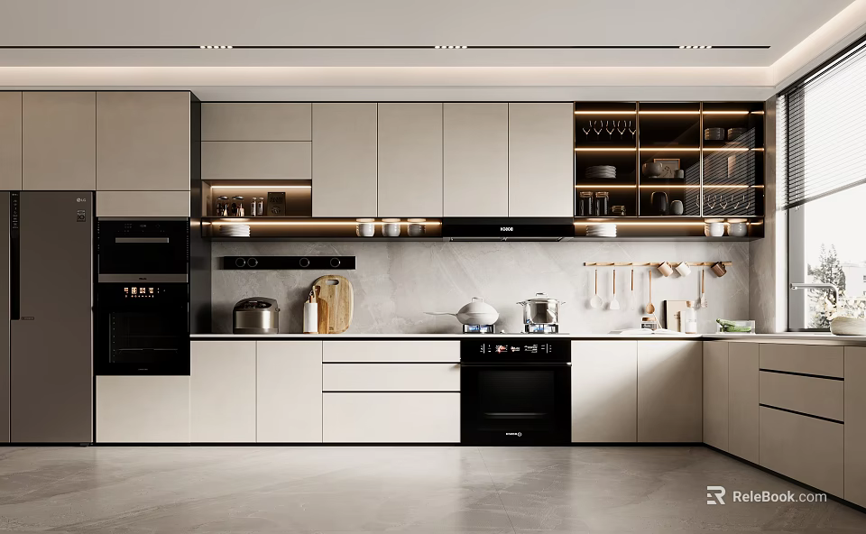 Modern Kitchen Interior Design With Gray Cabinets Marble Countertop And Appliances 3d model 