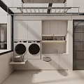 Modern Laundry Room With Stacked Washer Dryer Countertop And Wicker Basket