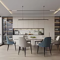 Modern Restaurant Interior With White Dining Table Blue Chairs And Pendant Lights 3d model