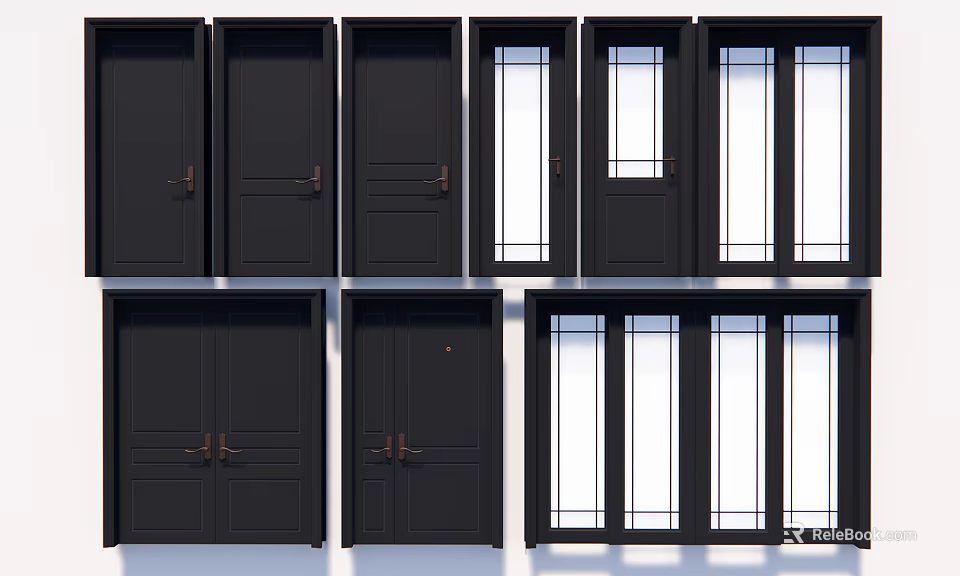 Black Hinged Doors With Various Designs Glass Panels Solid Panels And Double Doors 3d model