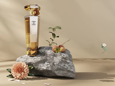 Chanel Golden Perfume Bottle on Gray Stone with Flowers and Green Leaves 3d model