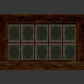 Vintage Wooden Screen with Brown Frame and Geometric Pattern Glass Panels