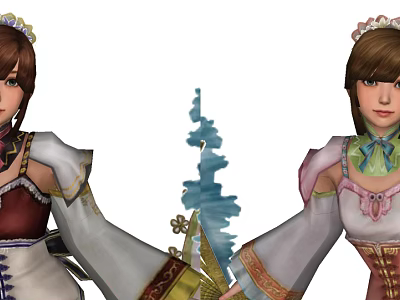 Elegant Game Movie Characters With Brown Hair Headpieces And Red Pink White Lace Dresses 3d model