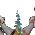Elegant Game Movie Characters With Brown Hair Headpieces And Red Pink White Lace Dresses
