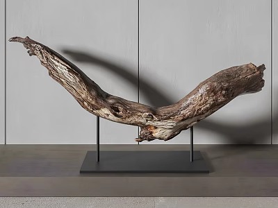 Curved Wooden Sculpture on Black Metal Stand with Gray Wall and Floor Background 3d model