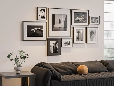 Modern Photo Wall Featuring Black And White Photos Various Frames In Living Room Interior 3d model